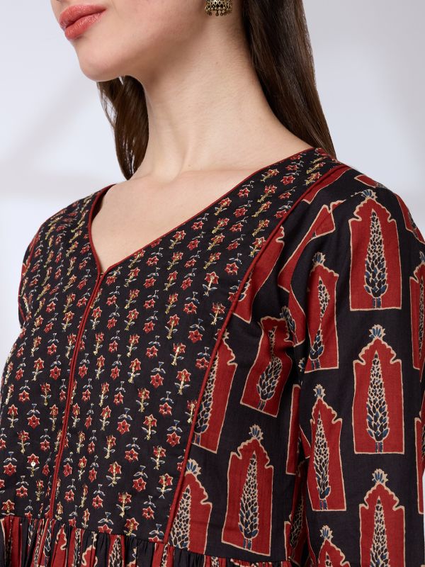 Globus Women Black V-Neck Ethnic Print Sequinned Pleated A-Line Kurta With Pants & Gotta Lace Dupatta Workwear Set