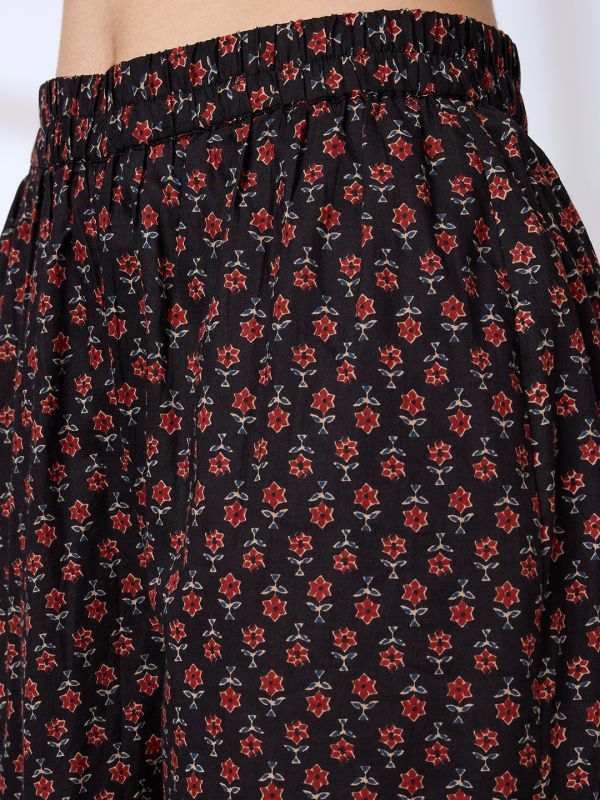 Globus Women Black V-Neck Ethnic Print Sequinned Pleated A-Line Kurta With Pants & Gotta Lace Dupatta Workwear Set