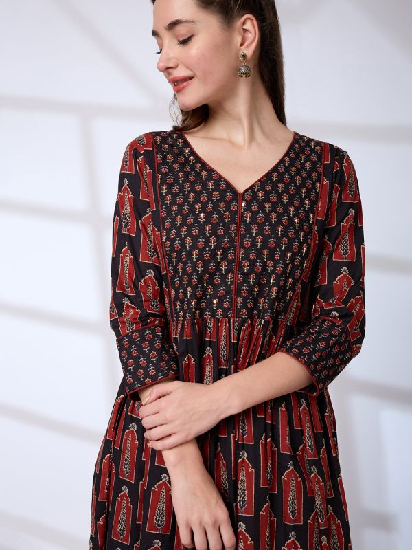 Globus Women Black V-Neck Ethnic Print Sequinned Pleated A-Line Kurta With Pants & Gotta Lace Dupatta Workwear Set