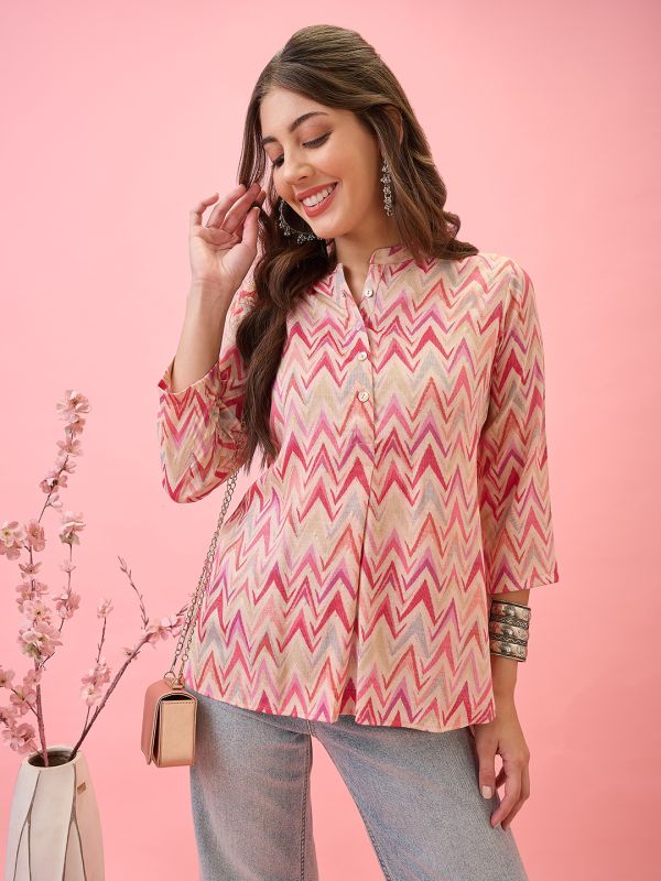 Globus Women Pink Mandarin Collar Chevron Print Curved High-Low Hem Workwear Tunic