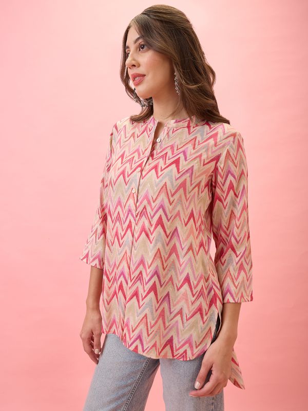 Globus Women Pink Mandarin Collar Chevron Print Curved High-Low Hem Workwear Tunic