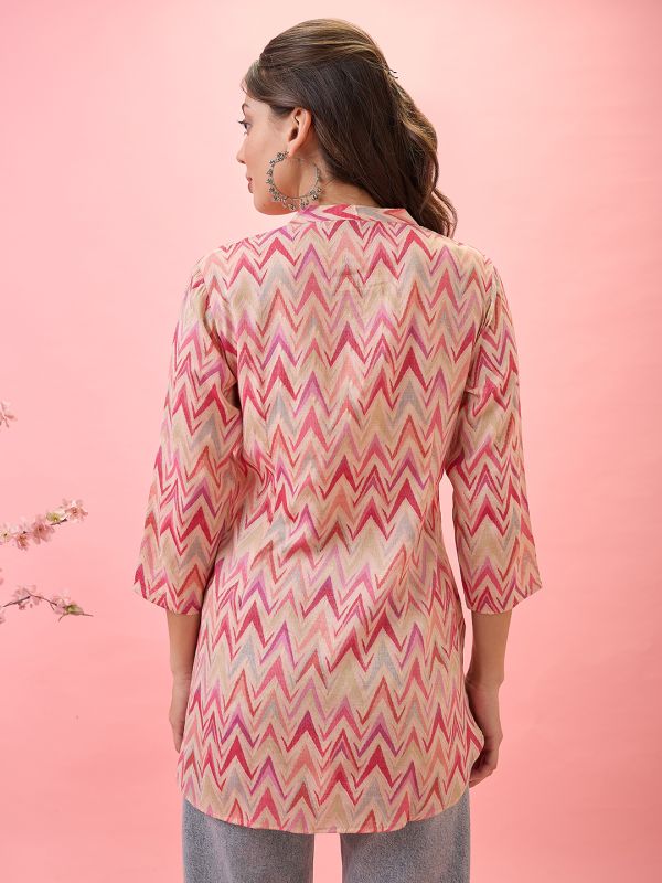 Globus Women Pink Mandarin Collar Chevron Print Curved High-Low Hem Workwear Tunic