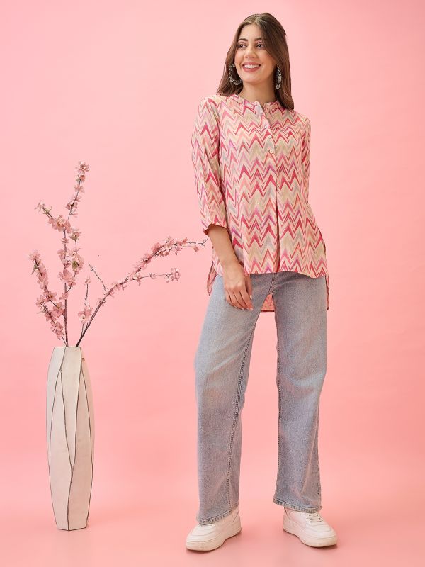 Globus Women Pink Mandarin Collar Chevron Print Curved High-Low Hem Workwear Tunic