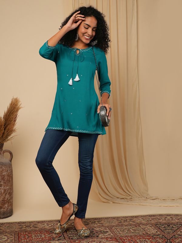 Globus Women Turquoise Blue Embellished Tie -Up V-Neck 3/4 Sleeves Workwear Tunic