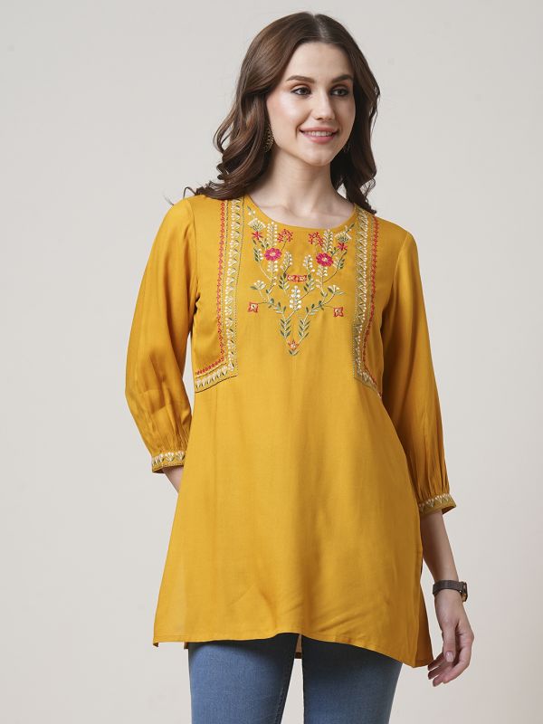 Globus Women Mustard Floral Embroidered Yoke 3/4 Sleeve Fusion Tunic 