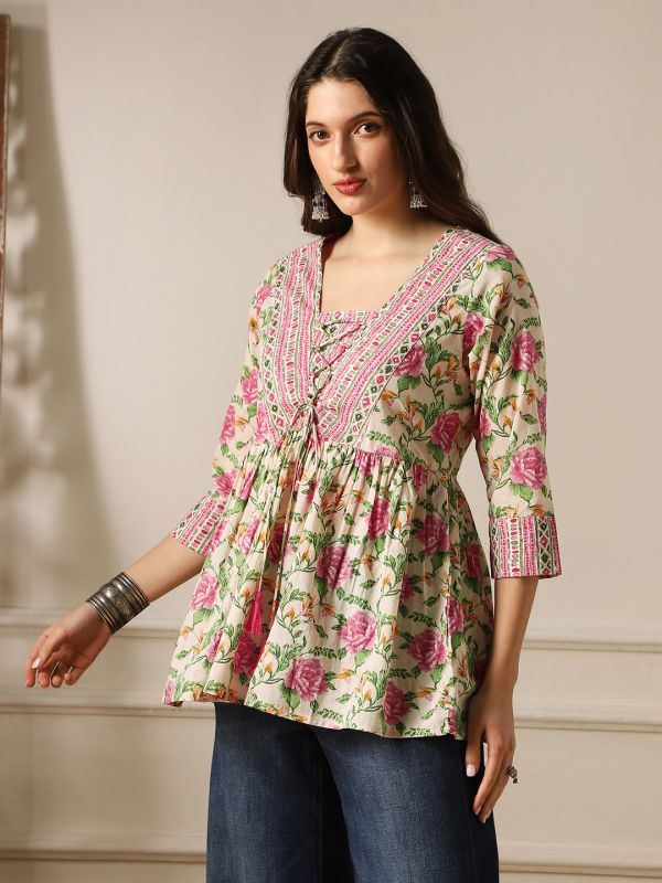 Globus Women Pink V-Neck Floral Print Tie-Up Tassel Detail Gathered Tunic