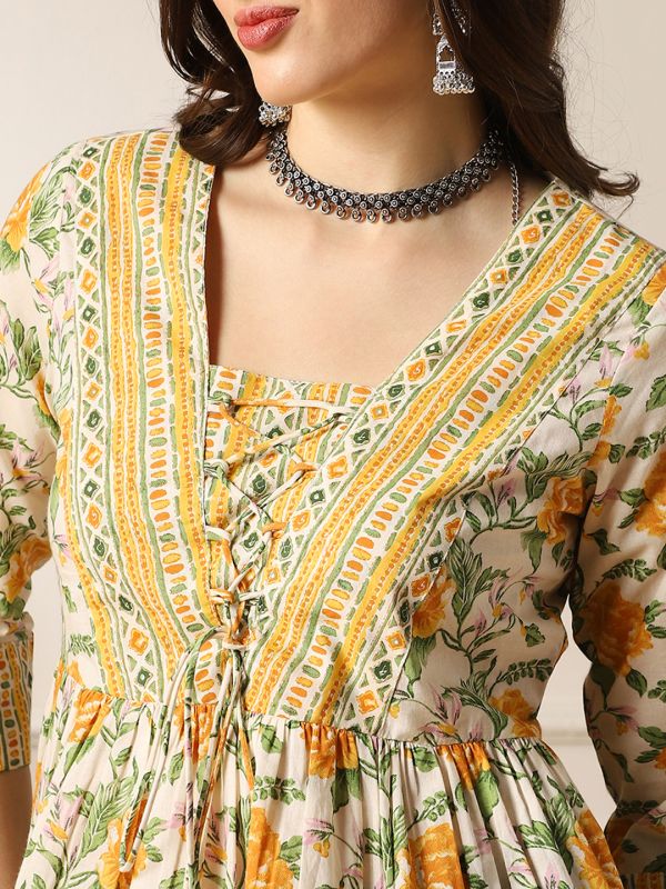 Globus Women Yellow V-Neck Floral Print Tie-Up Tassel Detail Gathered Tunic