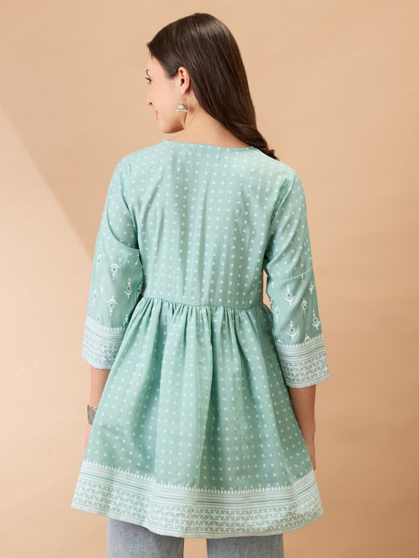 Globus Women Green Ethnic Print V-Neck Sequinned Detail Gathered Tunic 