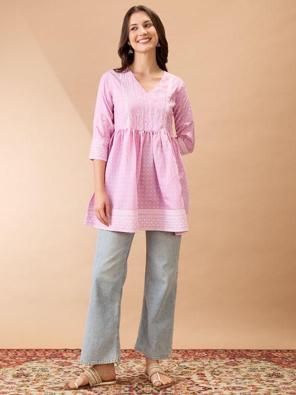Globus Women Pink Ethnic Print V-Neck Sequinned Detail Gathered Tunic