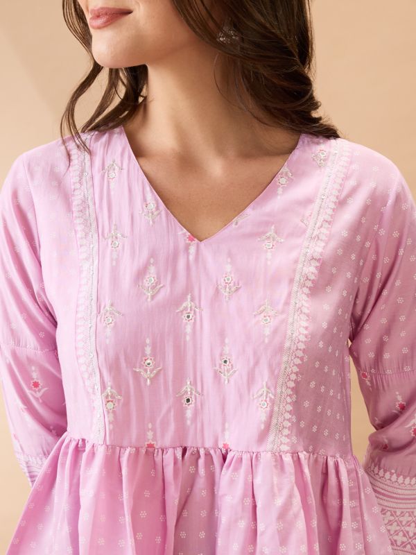 Globus Women Pink Ethnic Print V-Neck Sequinned Detail Gathered Tunic