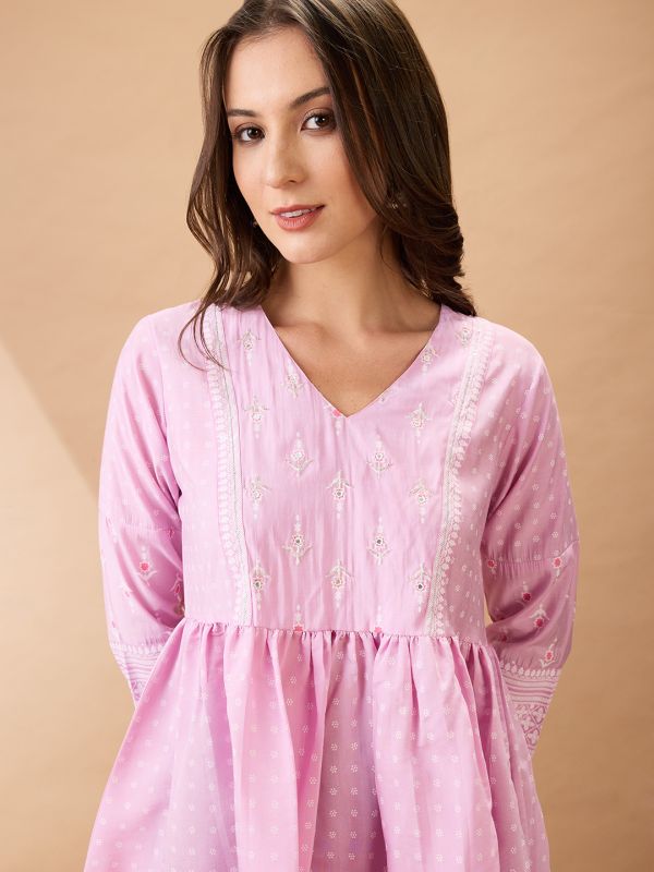 Globus Women Pink Ethnic Print V-Neck Sequinned Detail Gathered Tunic