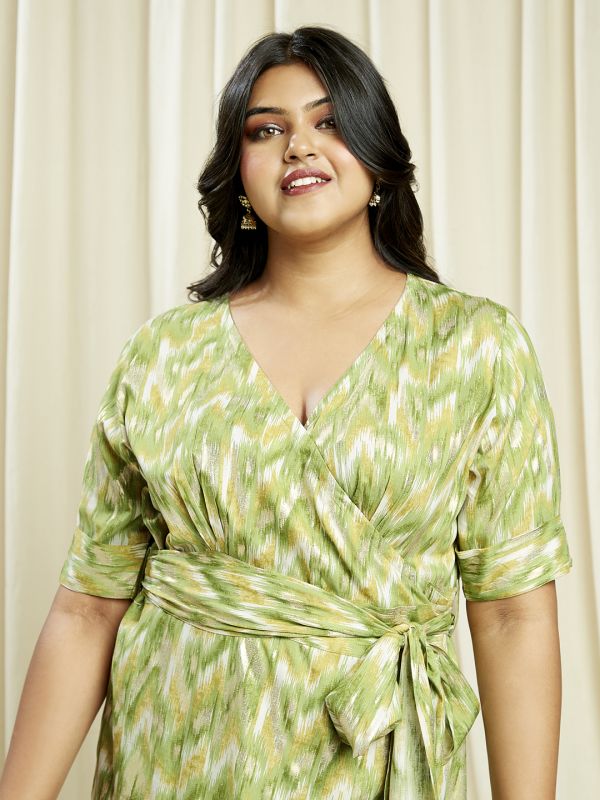 Globus Gloplus Women Green Wrap V-Neck Chevron Print Plus Size A-Line Midi Dress With Belt