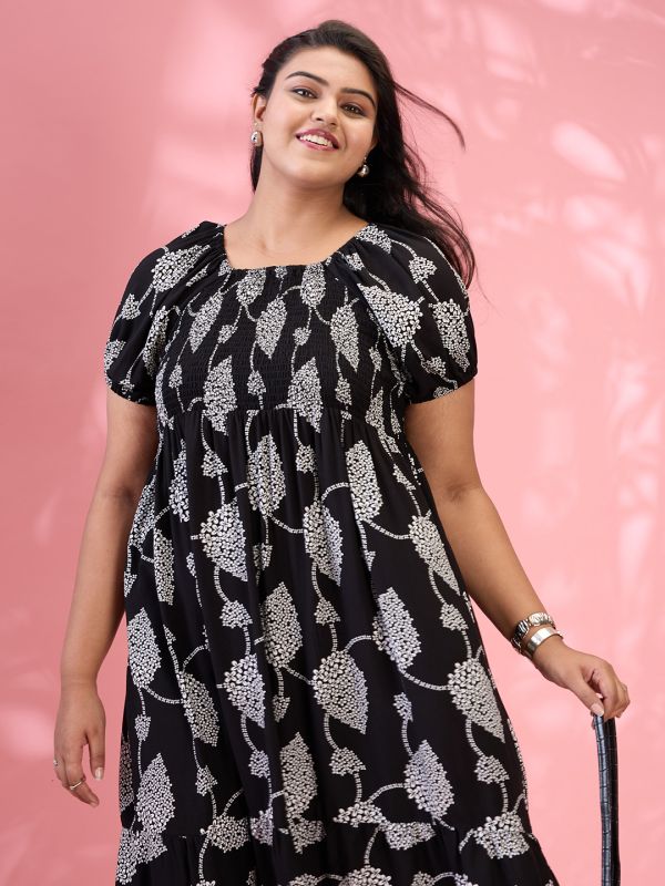 Globus Gloplus Women Black Square Neck Puff Sleeves Floral Print Smocked Tiered Plus Size Fit & Flare Midi Dress