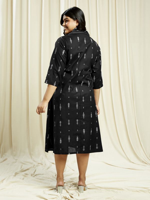 Globus Gloplus Women Black Notch Lapel Ethnic Print Button Down Plus Size A-Line Midi Dress