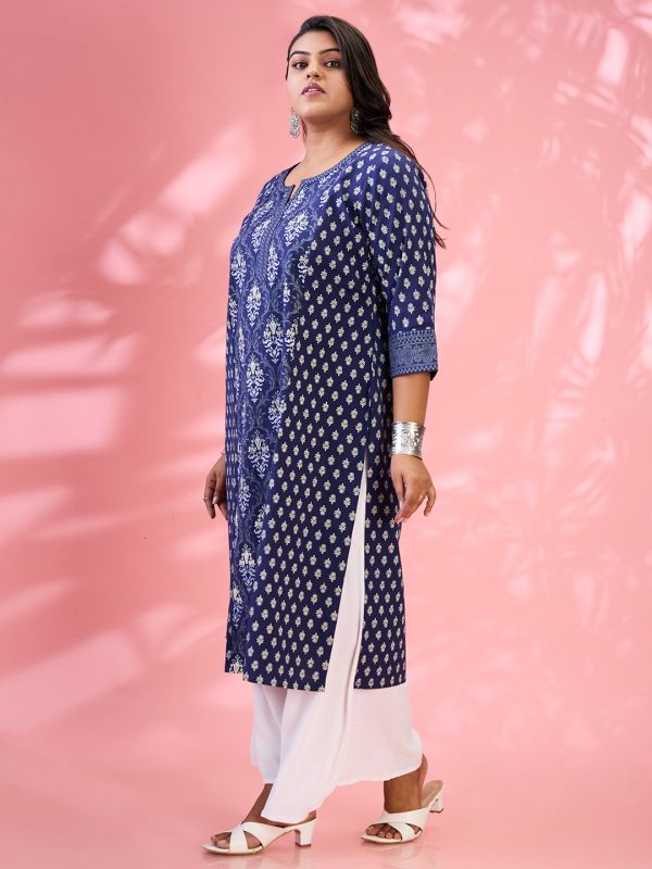 Globus Gloplus Women Blue Round Neck Ethnic & Floral Print Panelled Straight Plus Size Kurta