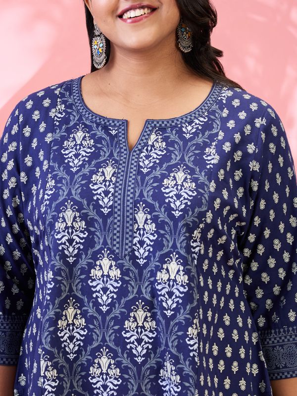 Globus Gloplus Women Blue Round Neck Ethnic & Floral Print Panelled Straight Plus Size Kurta