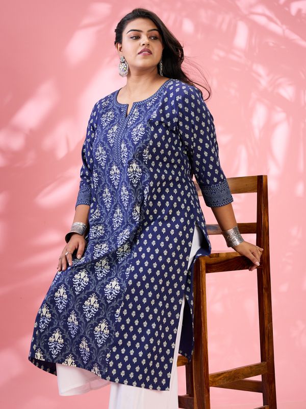 Globus Gloplus Women Blue Round Neck Ethnic & Floral Print Panelled Straight Plus Size Kurta