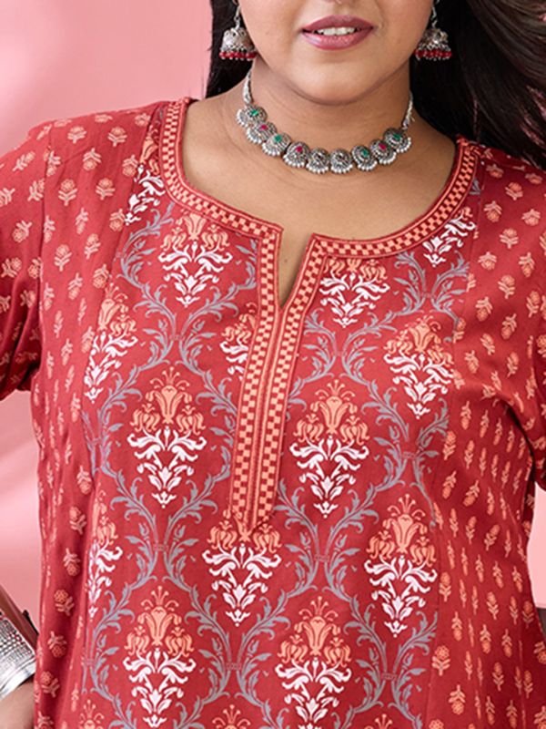 Globus Gloplus Women Maroon Round Neck Ethnic & Floral Print Panelled Straight Plus Size Kurta