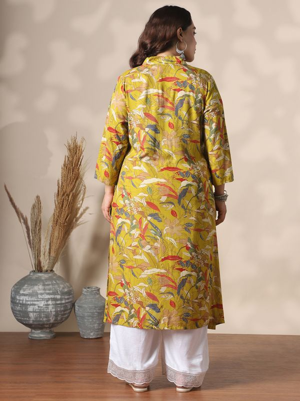 Globus Gloplus Women Yellow Shirt Collar Gold Foil Floral Print Button Detail Straight Plus Size Kurta