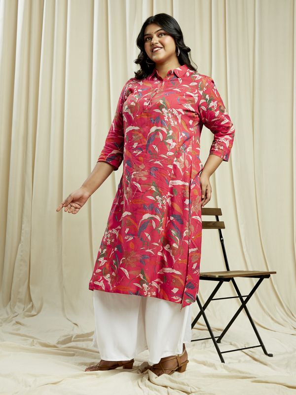 Globus Gloplus Women Pink Shirt Collar Floral Print Button Down Straight Plus Size Kurta