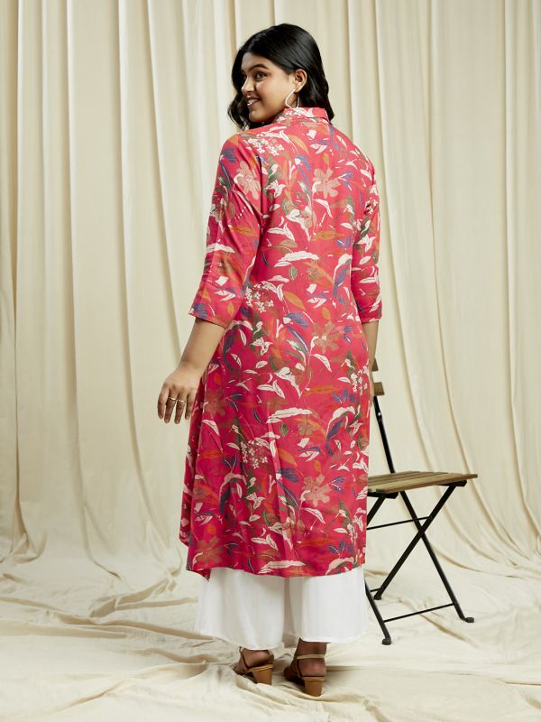 Globus Gloplus Women Pink Shirt Collar Floral Print Button Down Straight Plus Size Kurta