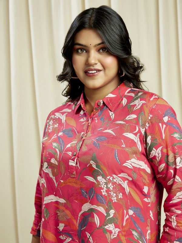 Globus Gloplus Women Pink Shirt Collar Floral Print Button Down Straight Plus Size Kurta