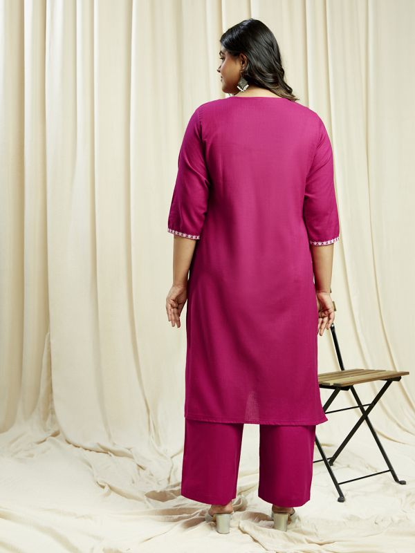 Globus Gloplus Women Pink Sequinned & Embroidered Yoke Straight Plus Size Kurta With Wide Leg Pants Festive Set