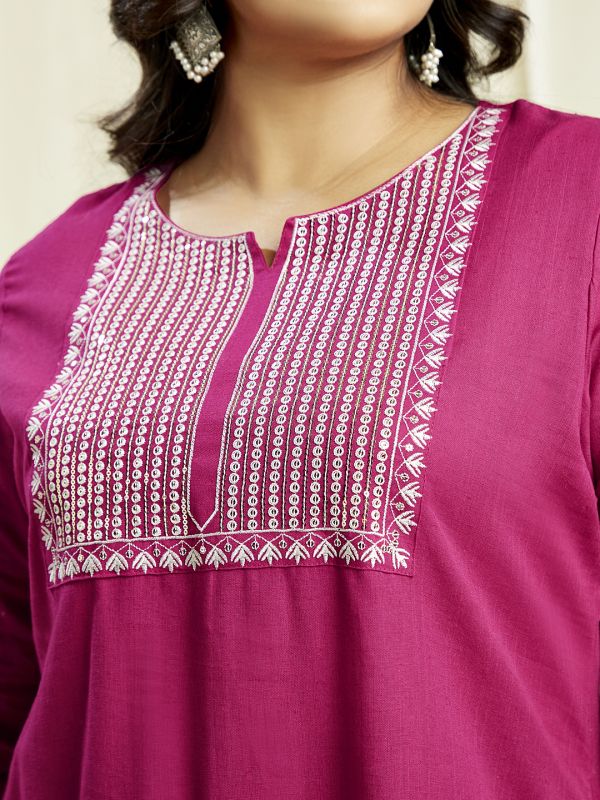 Globus Gloplus Women Pink Sequinned & Embroidered Yoke Straight Plus Size Kurta With Wide Leg Pants Festive Set