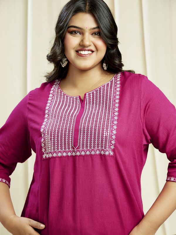 Globus Gloplus Women Pink Sequinned & Embroidered Yoke Straight Plus Size Kurta With Wide Leg Pants Festive Set