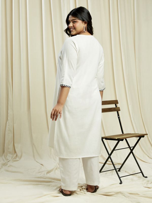 Globus Gloplus Women Off White Sequinned & Embroidered Yoke Straight Plus Size Kurta With Wide Leg Pants Festive Set