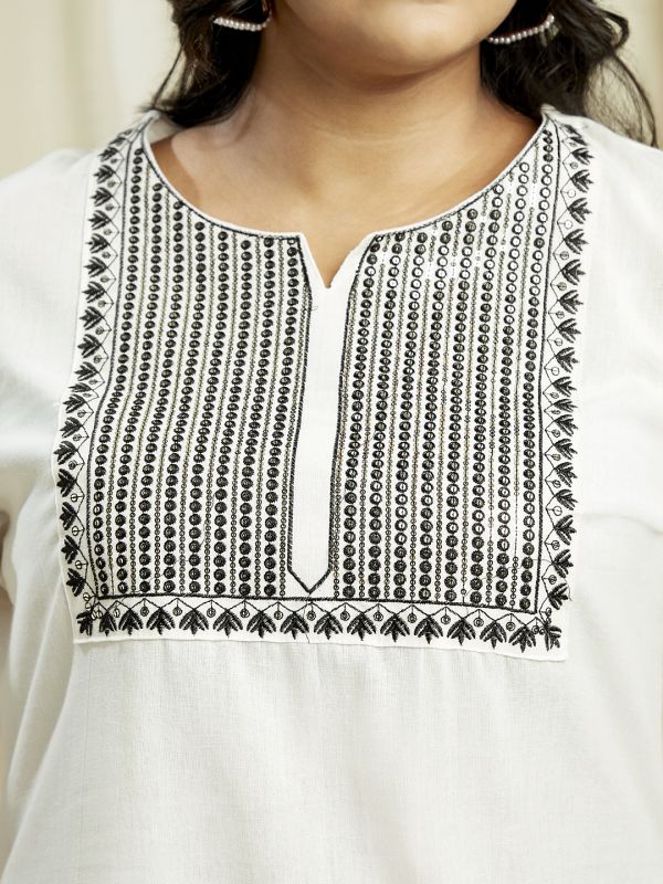 Globus Gloplus Women Off White Sequinned & Embroidered Yoke Straight Plus Size Kurta With Wide Leg Pants Festive Set