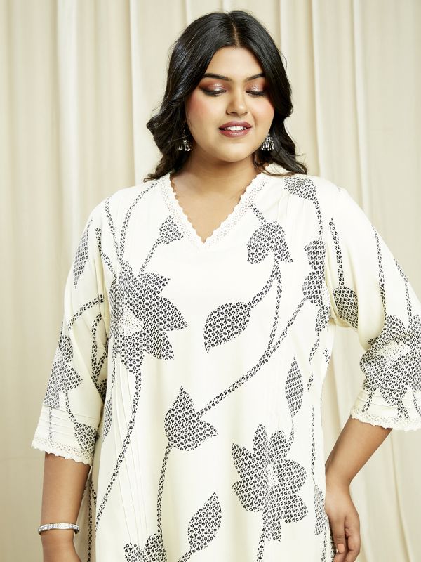 Globus Gloplus Off White V-Neck Floral Print Lace Detail Tunic With Wide Leg Trousers Plus Size Co-Ord Set
