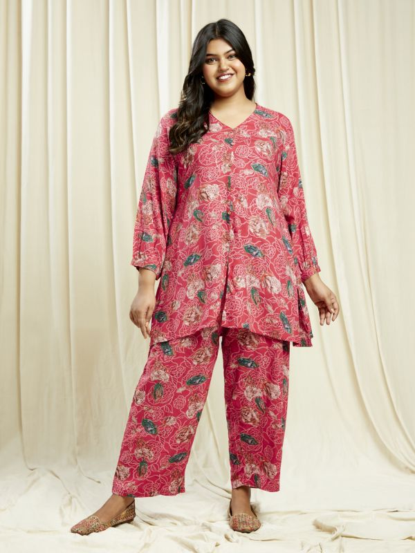 Globus Gloplus Women Pink V-Neck Floral Print Tunic With Wide Leg Trousers Plus Size Co-Ord Set