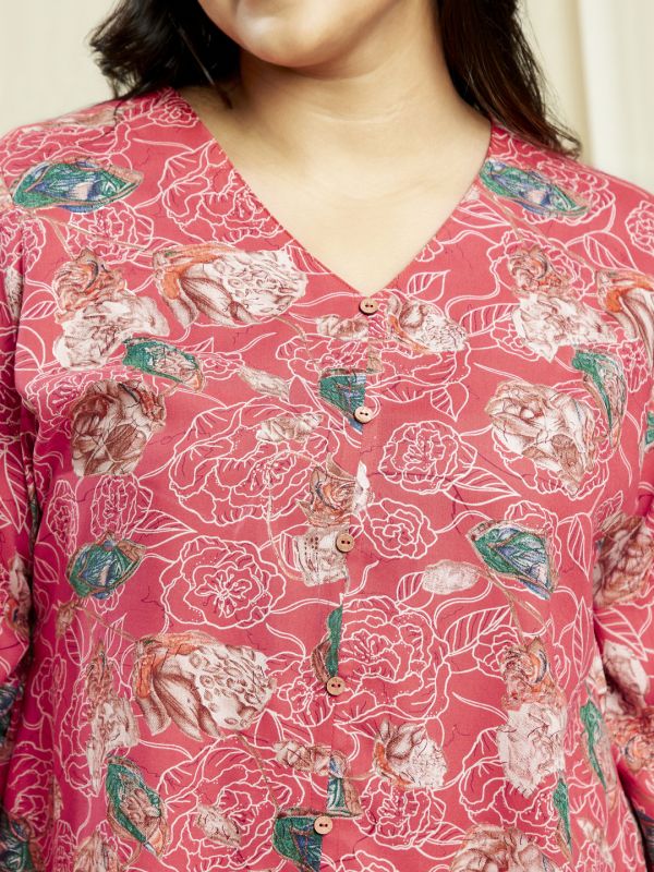 Globus Gloplus Women Pink V-Neck Floral Print Tunic With Wide Leg Trousers Plus Size Co-Ord Set