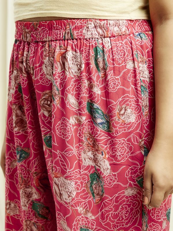 Globus Gloplus Women Pink V-Neck Floral Print Tunic With Wide Leg Trousers Plus Size Co-Ord Set