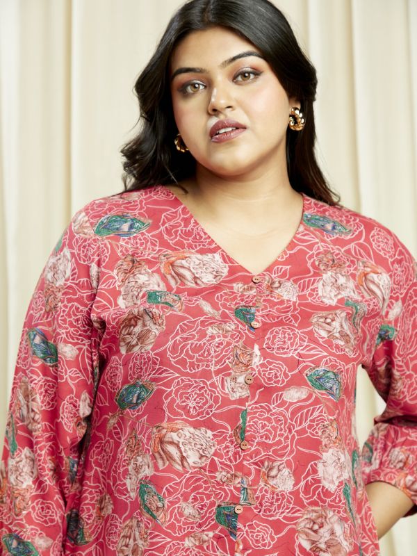 Globus Gloplus Women Pink V-Neck Floral Print Tunic With Wide Leg Trousers Plus Size Co-Ord Set