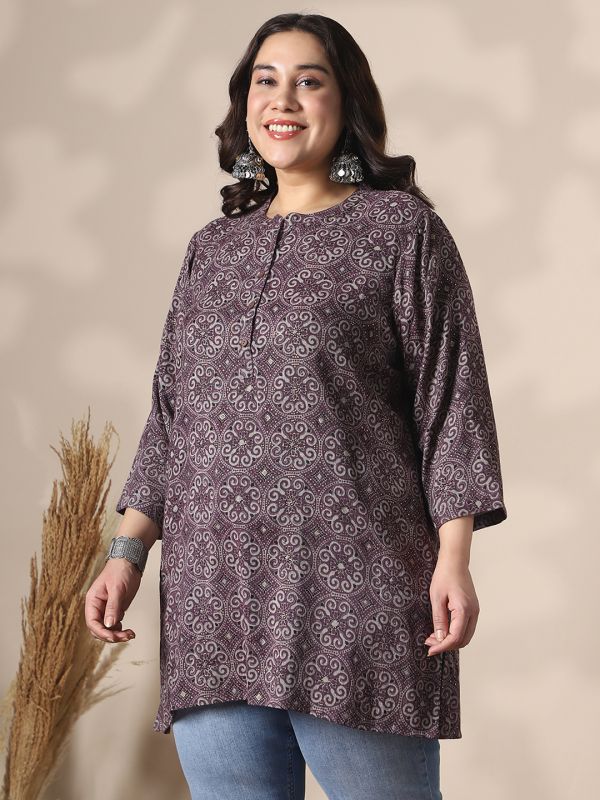 Globus Gloplus Women Brown Mandarin Collar Ethnic Print Button Detail Plus Size Tunic