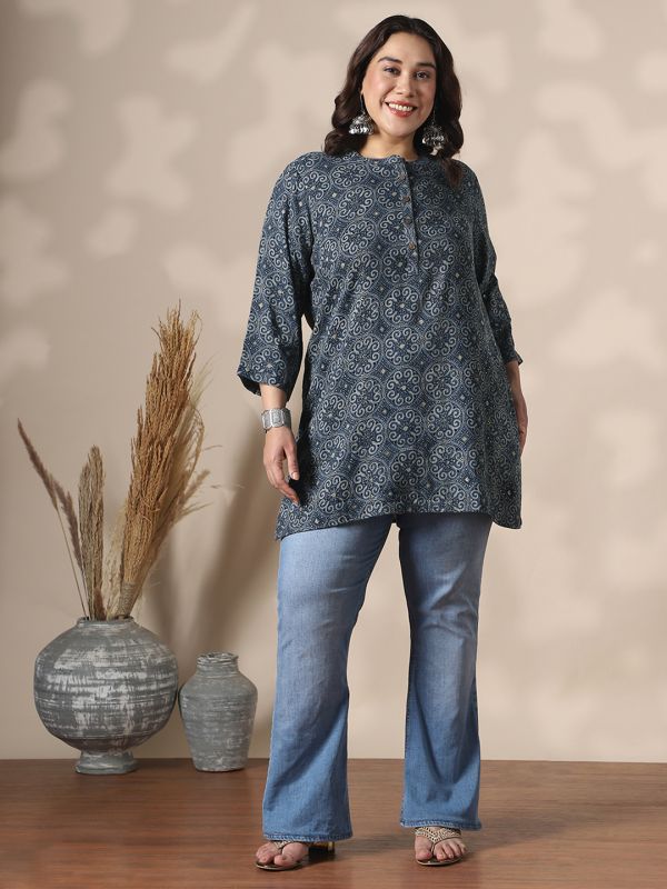 Globus Gloplus Women Blue Mandarin Collar Ethnic Print Button Detail Plus Size Tunic