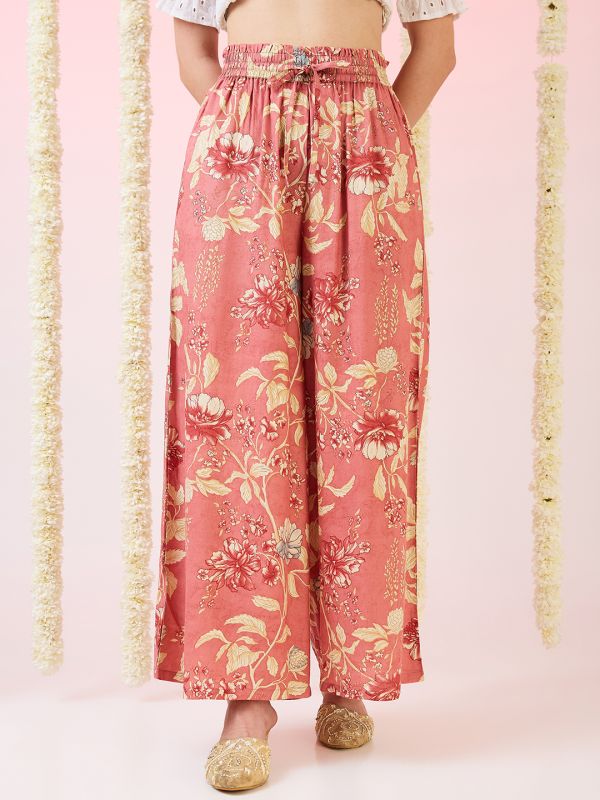 Globus Women Pink Floral Print Mid-Rise Elasticated Waist Wide Leg Fusion Palazzos