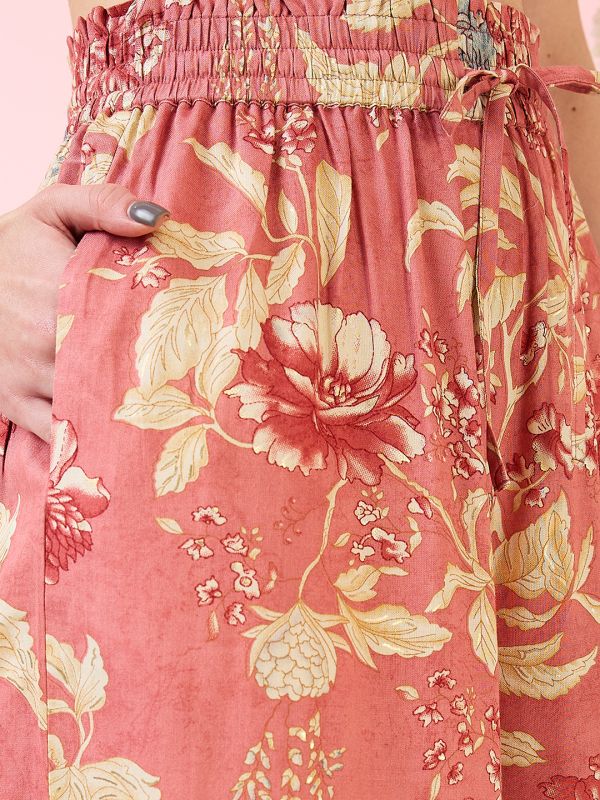 Globus Women Pink Floral Print Mid-Rise Elasticated Waist Wide Leg Fusion Palazzos