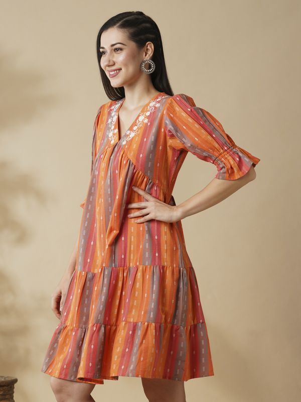 Globus Women Multi Orange Floral Embroidered V-Neck Puff Sleeves Knee Length Tiered Fusion A-Line Dress