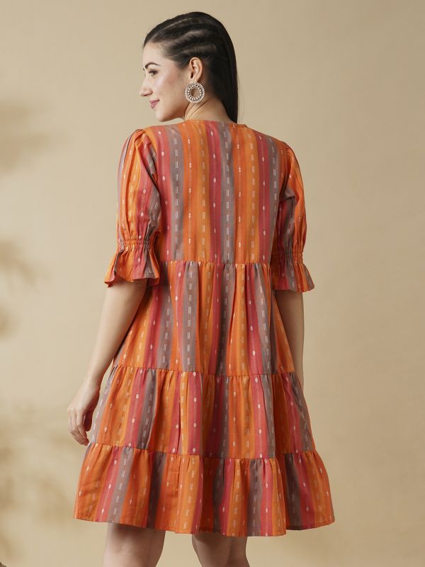 Globus Women Multi Orange Floral Embroidered V-Neck Puff Sleeves Knee Length Tiered Fusion A-Line Dress