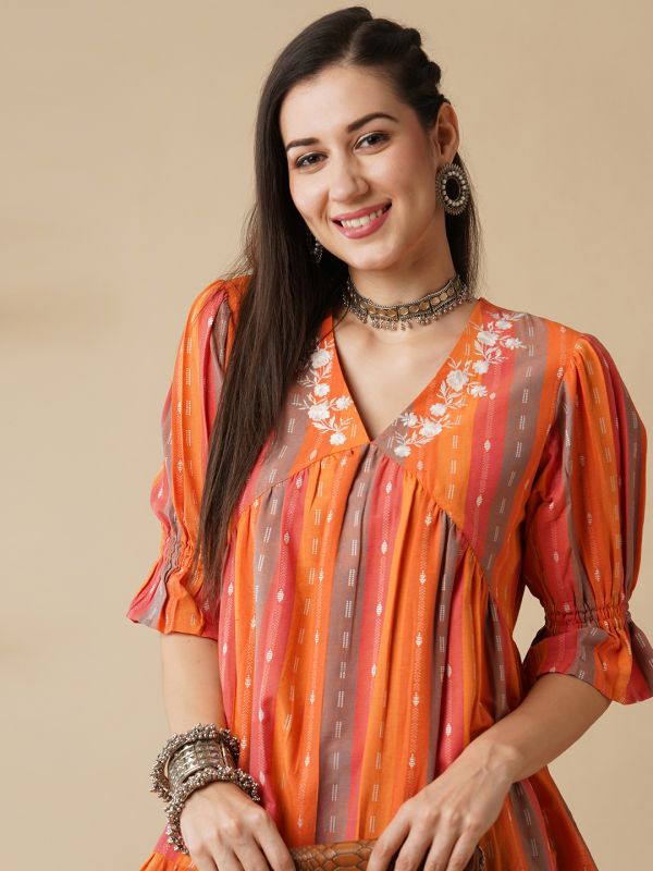 Globus Women Multi Orange Floral Embroidered V-Neck Puff Sleeves Knee Length Tiered Fusion A-Line Dress