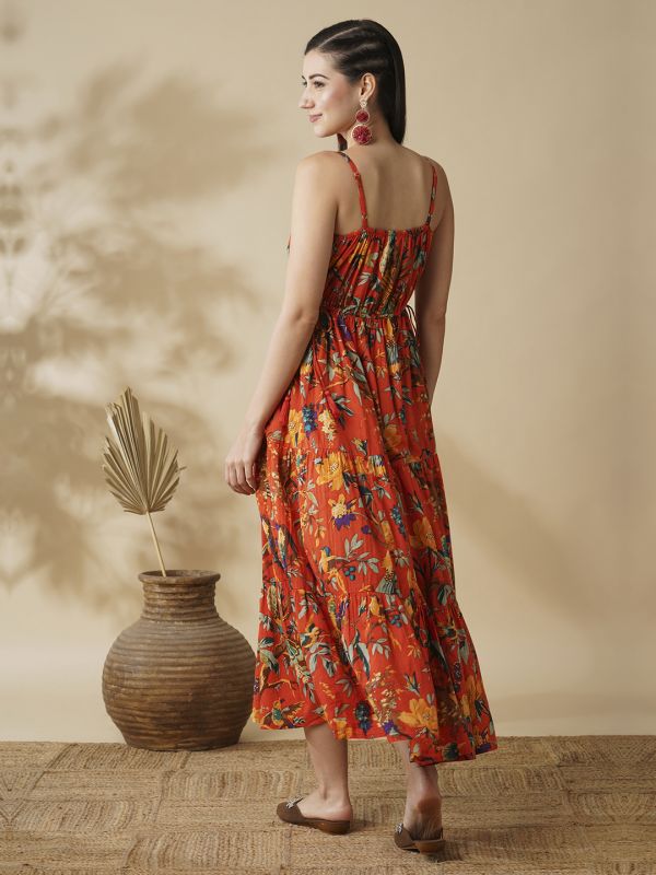 Globus Women Orange All Over Floral Print Strappy Sleeves Waist Tie-Up Fit & Flare Fusion Maxi Dress