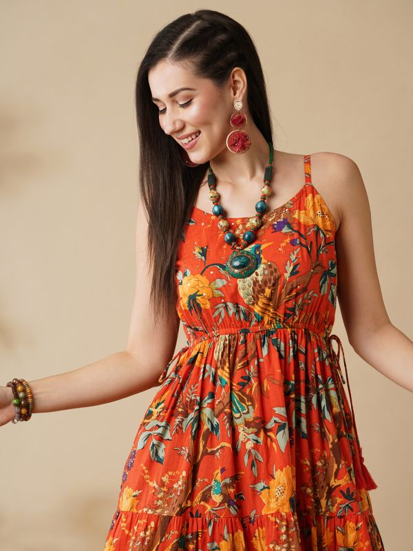 Globus Women Orange All Over Floral Print Strappy Sleeves Waist Tie-Up Fit & Flare Fusion Maxi Dress