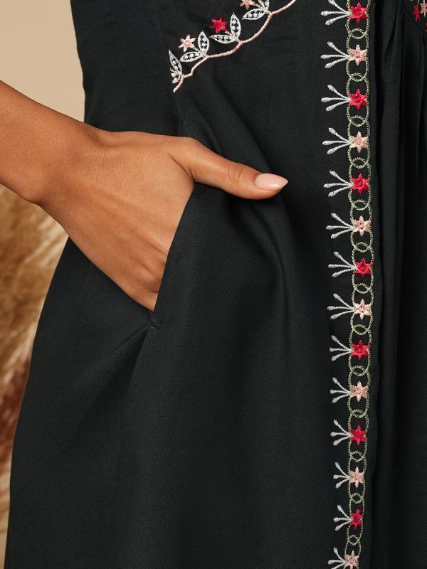 Globus Women Green Floral Embroidered Yoke A-Line Pleated Panelled Mini Fusion Dress