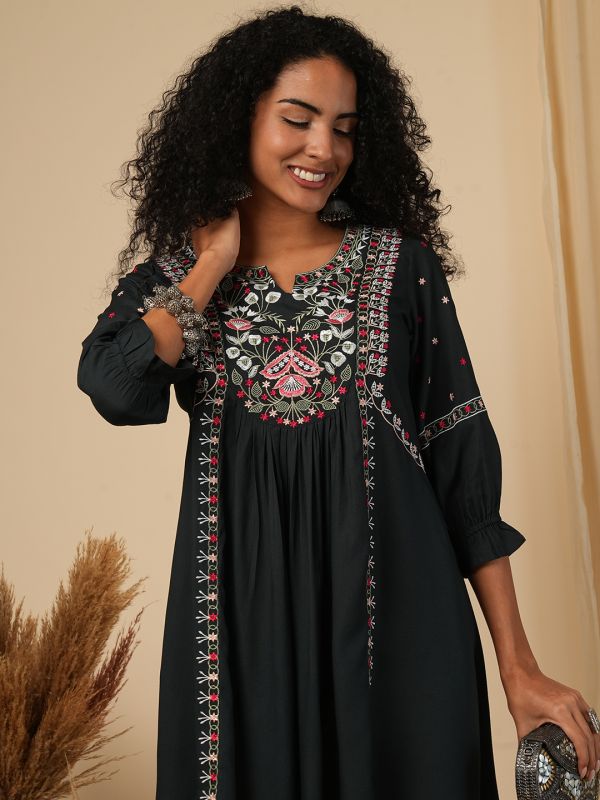 Globus Women Green Floral Embroidered Yoke A-Line Pleated Panelled Mini Fusion Dress