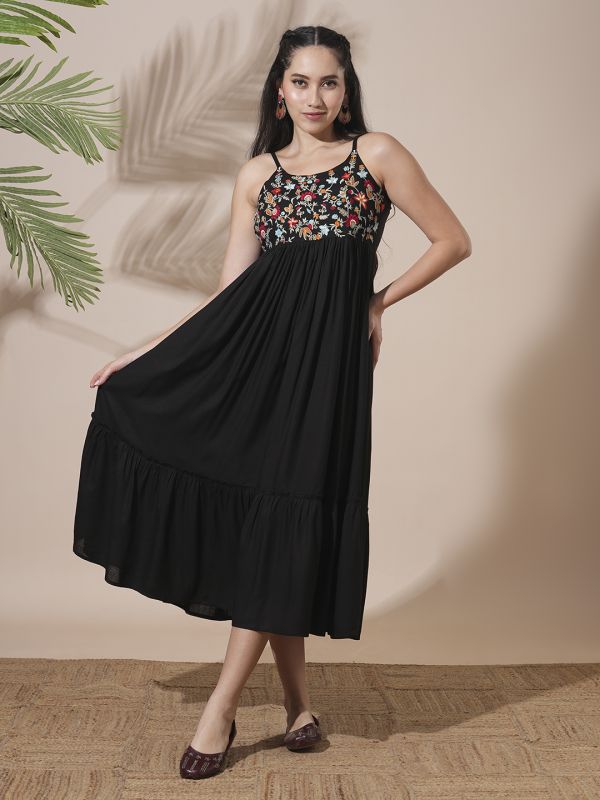 Globus Women Black Floral Embroidered Yoke Strappy Shoulder Smocked Fit & Flare Tiered Midi Fusion Dress