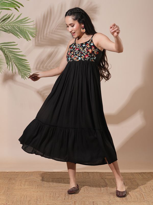 Globus Women Black Floral Embroidered Yoke Strappy Shoulder Smocked Fit & Flare Tiered Midi Fusion Dress