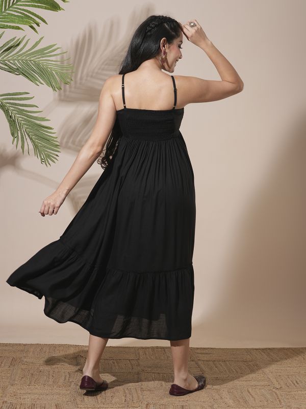 Globus Women Black Floral Embroidered Yoke Strappy Shoulder Smocked Fit & Flare Tiered Midi Fusion Dress